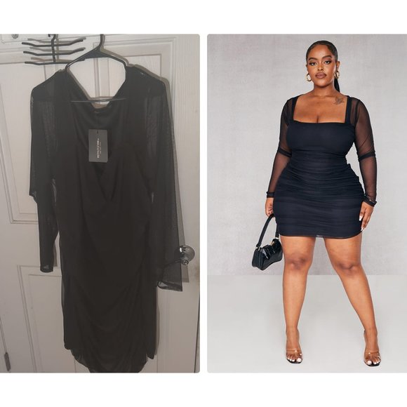 Plus size black square neck dress with mesh sleeves - Picture 1 of 2